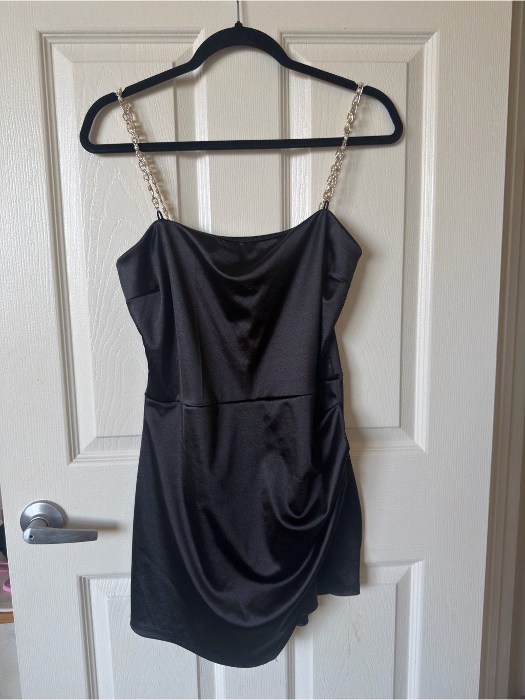 Black Satin Mini Dress With Chain Straps